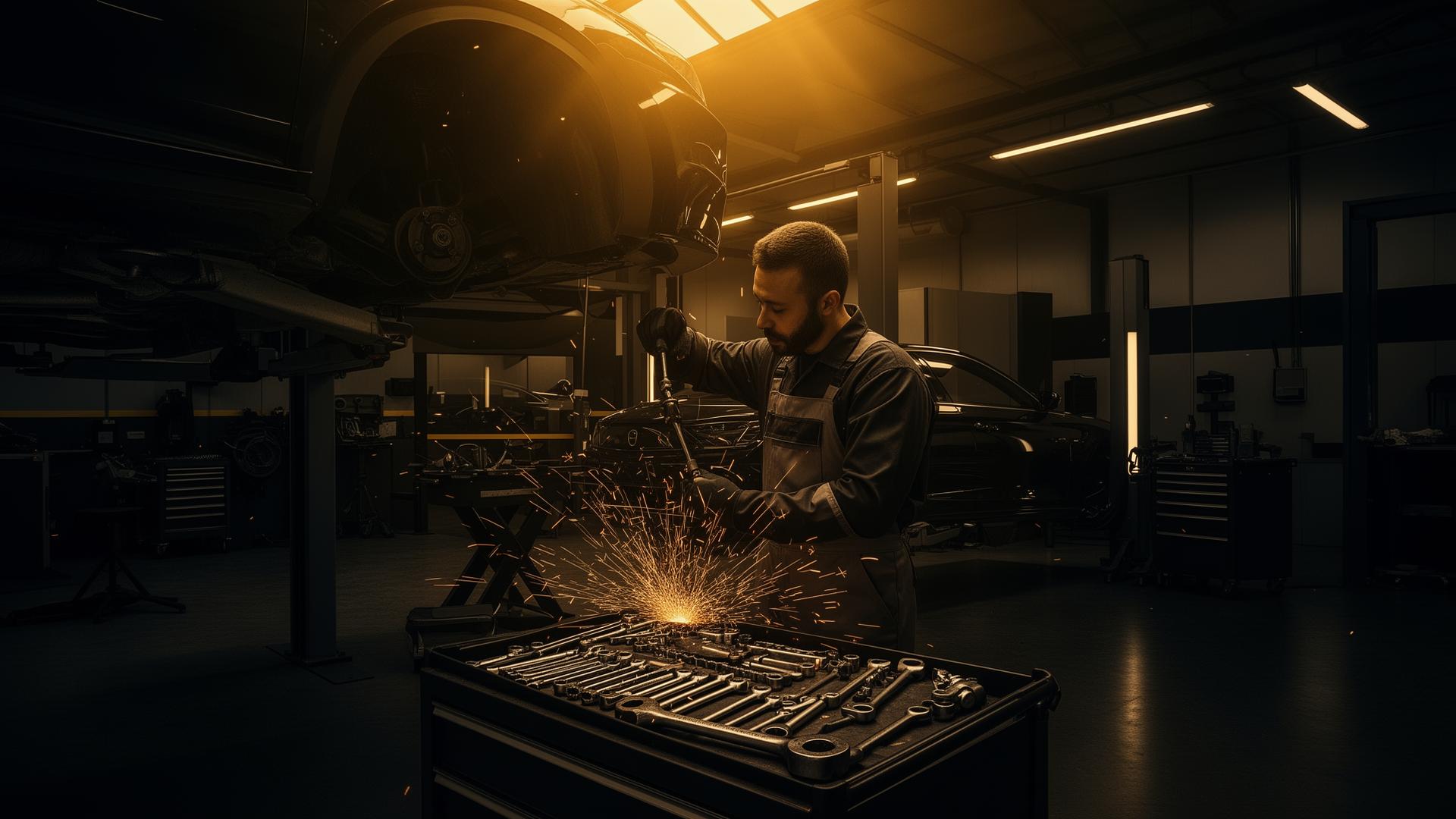 Mechanic working under a car in a modern shop